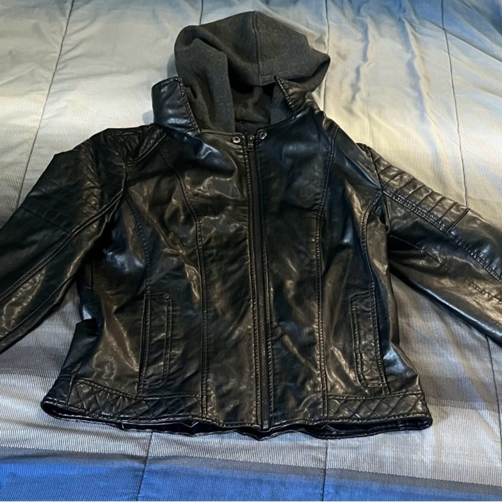 Black Leather Jacket with Hood